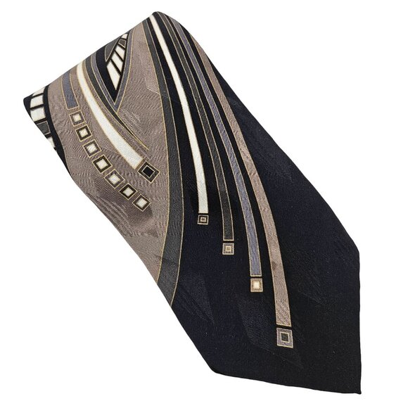 Pierre Cardin Mens Neck Tie Silk Black Brown Abstract Pattern Business Formal - Picture 1 of 8